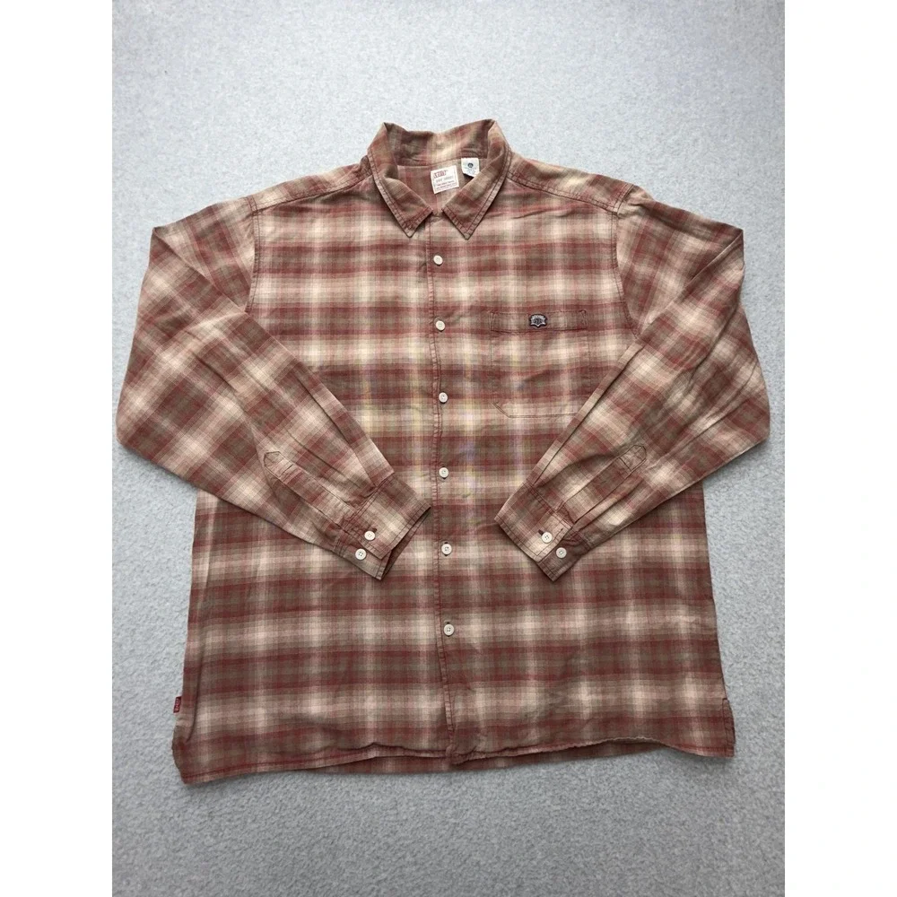 Vintage Levi's Dry Goods Shirt Mens XL‎ Brown Plaid Long Sleeve Button Hong Kong